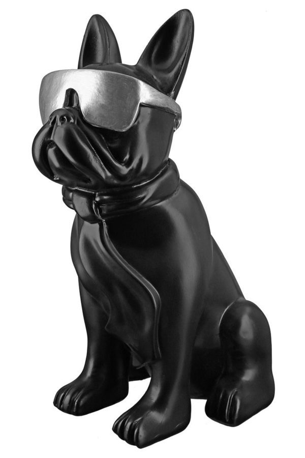 Poly Mops „Cool Dog“ mit Brille, sitzend, Höhe 35cm, Schwarz / silberfarben, von Gilde 1 | Asmondo – Deko, Geschenke und mehr
