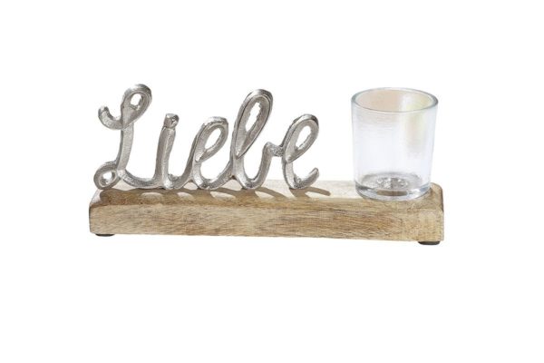 Teelichthalter „Liebe“, Mangoholz / Aluminium, 5,5x22,5x9cm, von Gilde 1 | Asmondo – Deko, Geschenke und mehr