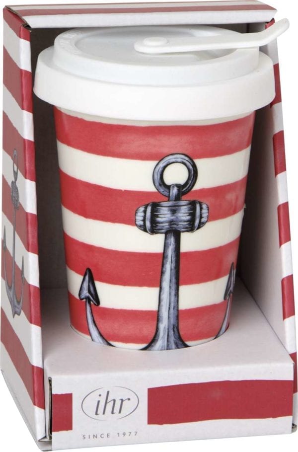 Porzellanbecher Coffee to go mit Silikondeckel, Motiv „Sailor`s Anchor“, rot 1 | Asmondo – Deko, Geschenke und mehr